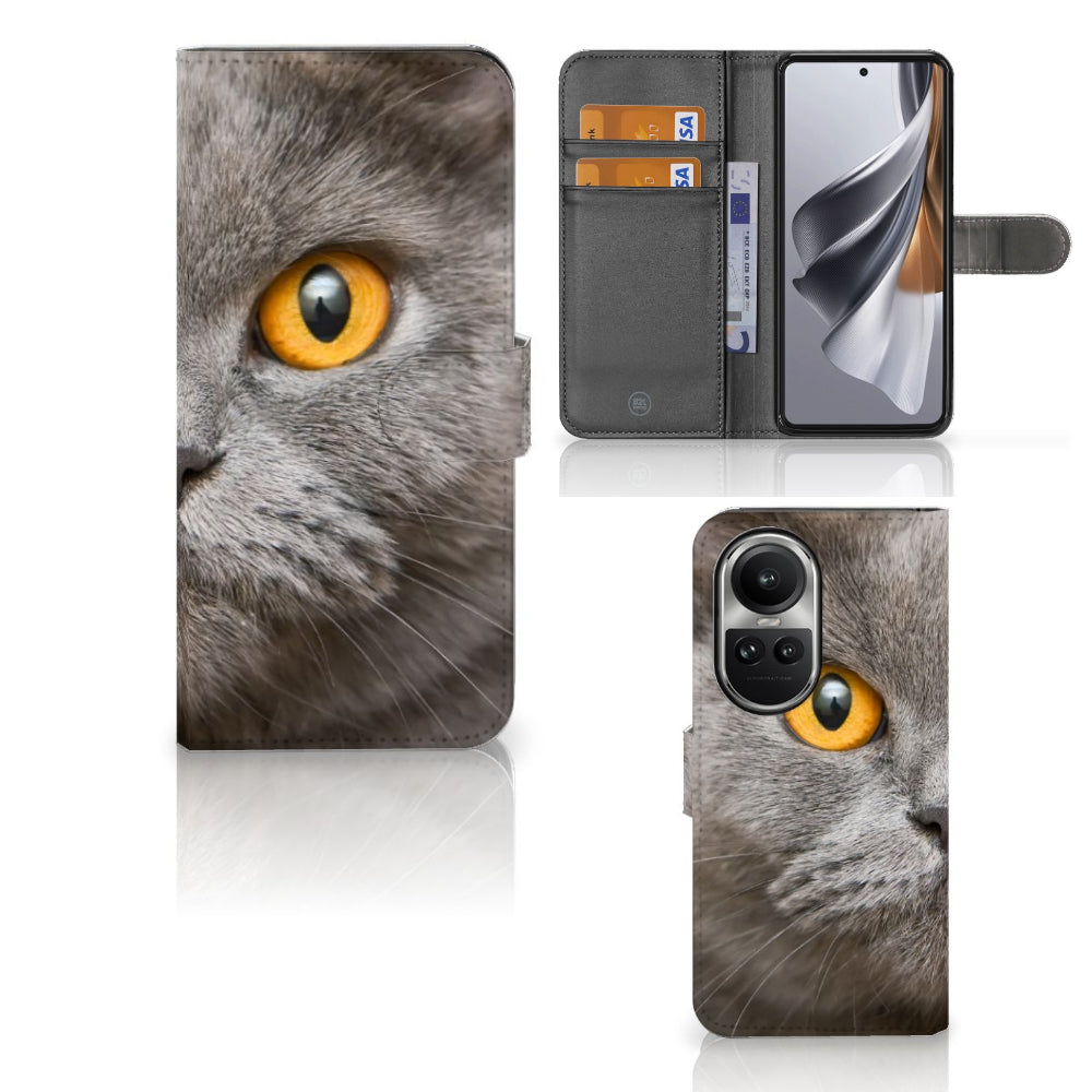 Telefoonhoesje met Pasjes OPPO Reno10 | 10 Pro Britse Korthaar met grijze kat en opvallende ogen.