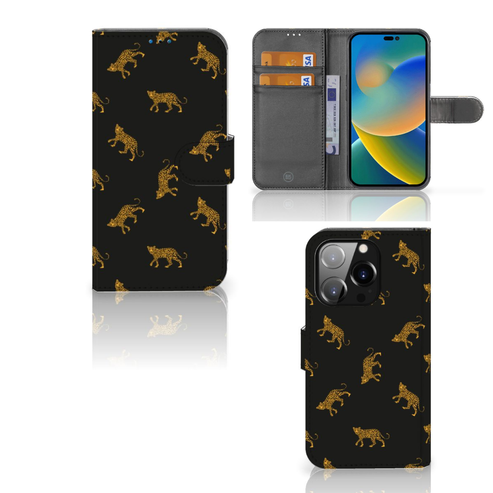 Telefoonhoesje met Pasjes voor iPhone 14 Pro Leopards met luipaardprint en ruimte voor drie pasjes.