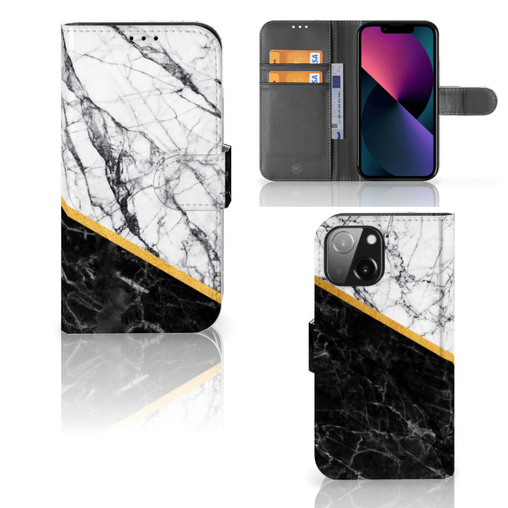 iPhone 13 Mini Bookcase Marmer Wit Zwart - Origineel Cadeau Man