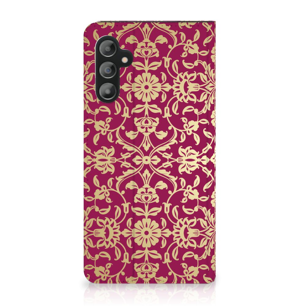 Telefoon Hoesje Samsung Galaxy A14 4G Barok Pink met een sierlijk design en strakke rode achtergrond.