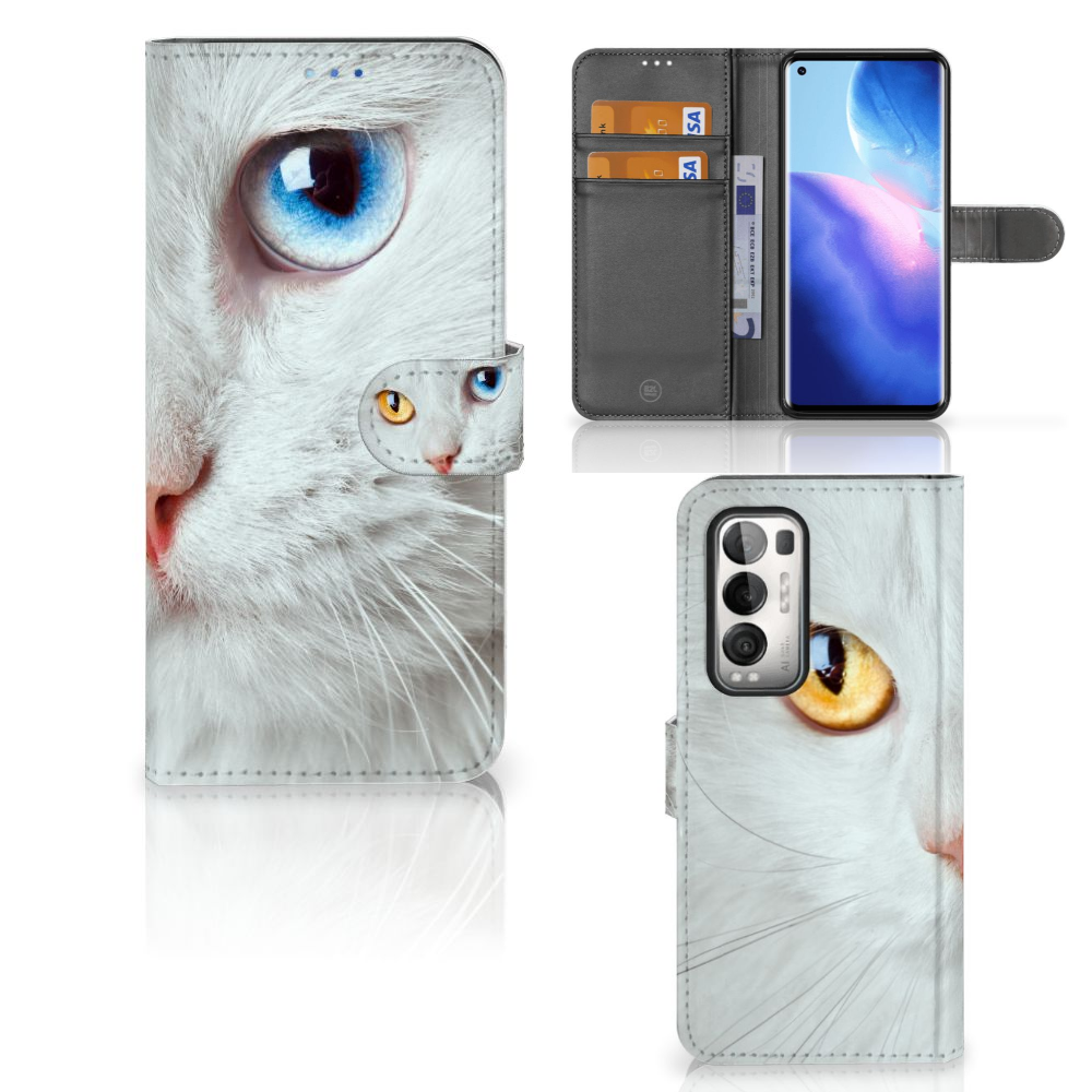 OPPO Find X3 Neo 5G Telefoonhoesje met Pasjes Witte Kat