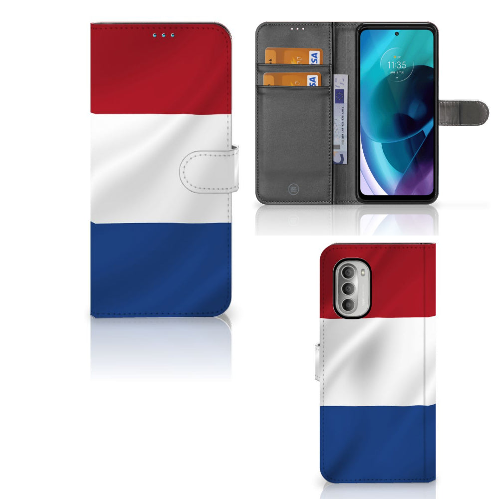 Motorola Moto G51 5G Bookstyle Case Nederlandse Vlag met pasjes en artistic design van de Nederlandse vlag.
