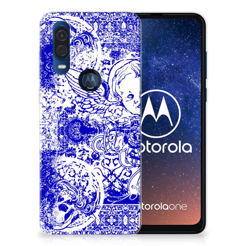 Silicone Back Case Motorola One Vision Angel Skull Blauw