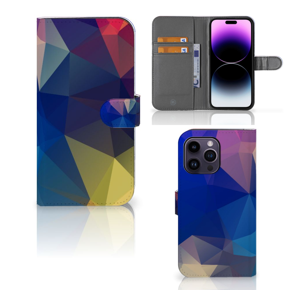 iPhone 15 Pro Max Book Case Polygon Dark met abstracte polygonen in warme kleuren. 🎨 Design en functionaliteit in één!