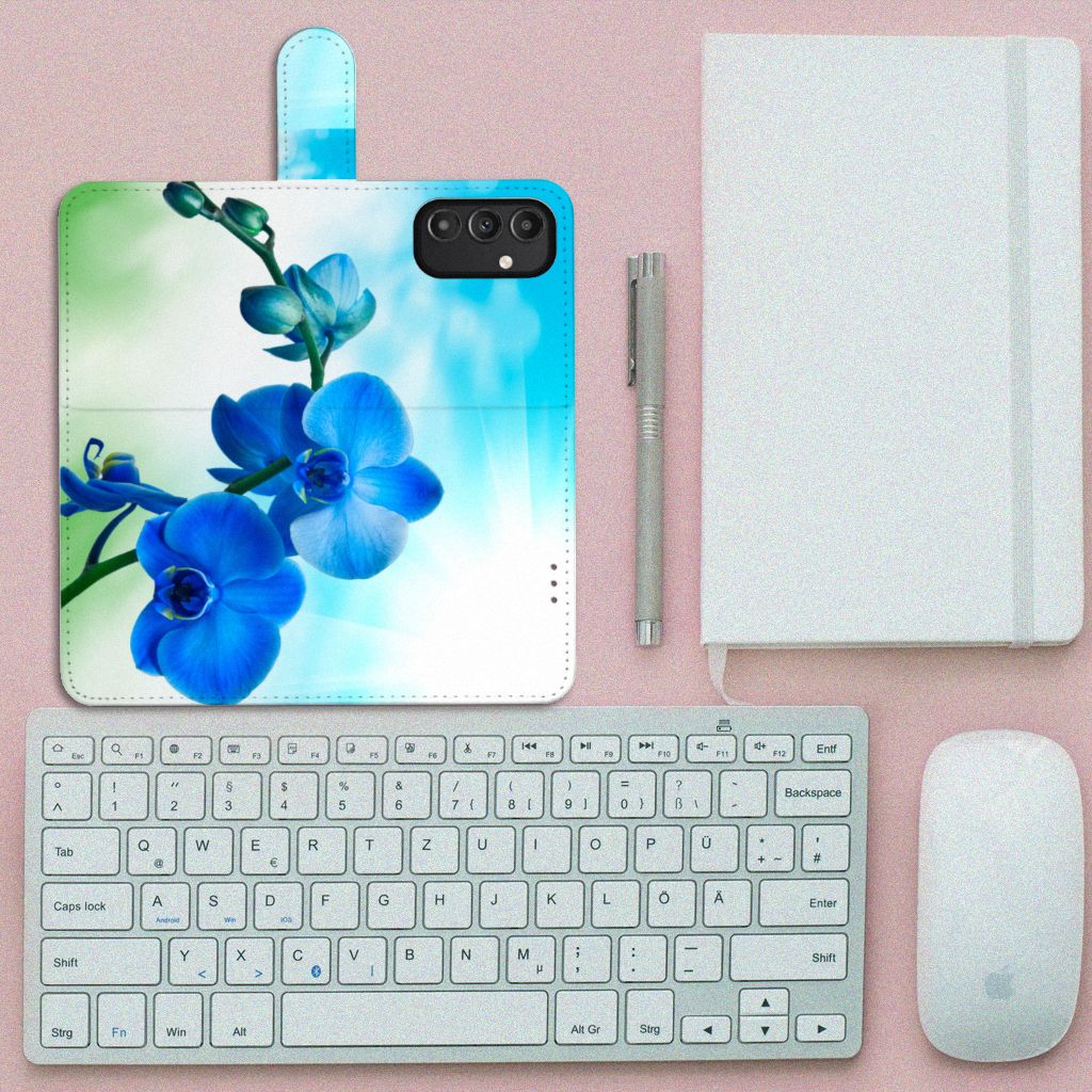 Samsung Galaxy A14 5G Hoesje Orchidee Blauw - Cadeau voor je Moeder met elegante bloemprint.