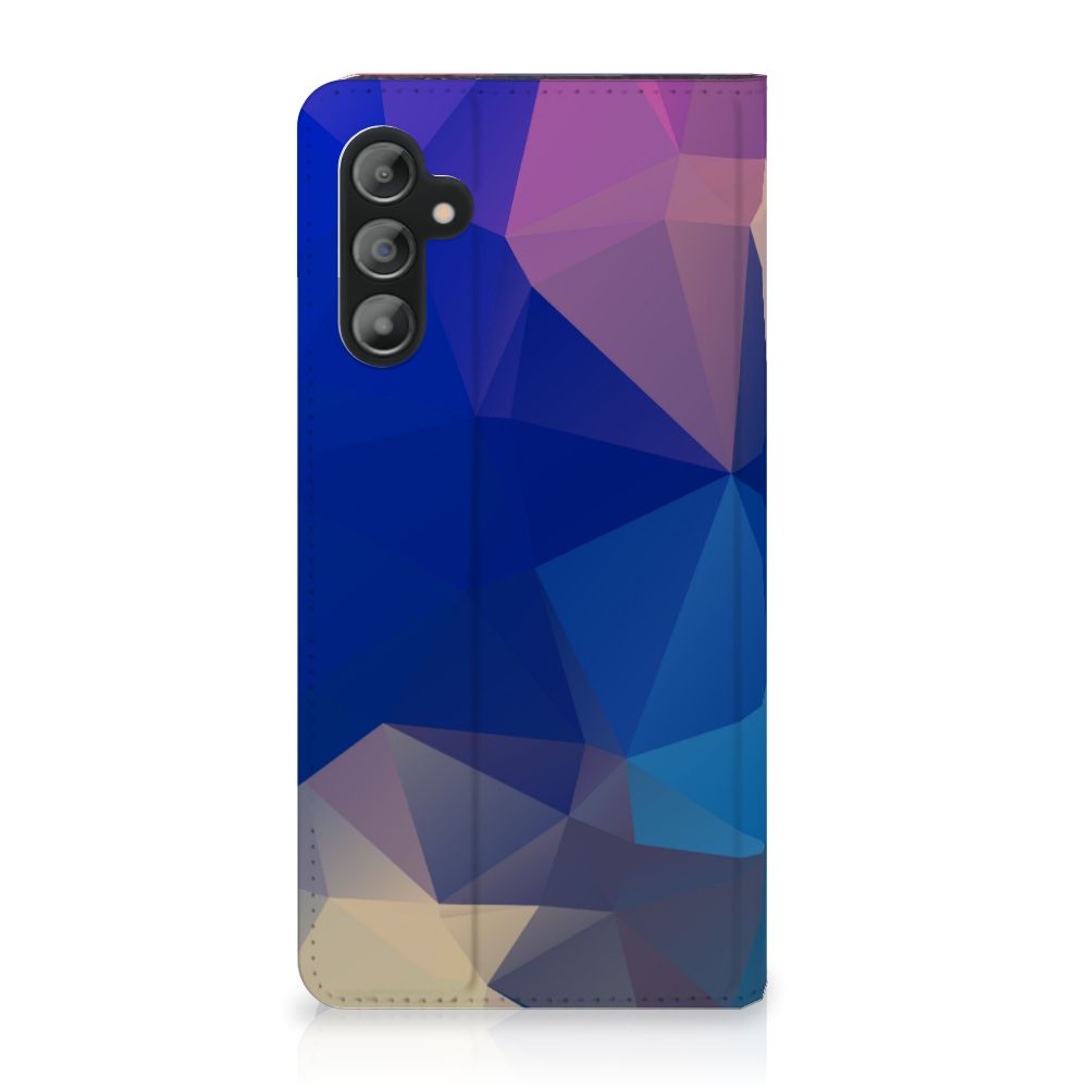 Samsung Galaxy A14 4G Stand Case Polygon Dark with a vibrant, abstract polygon design in blue and purple shades.