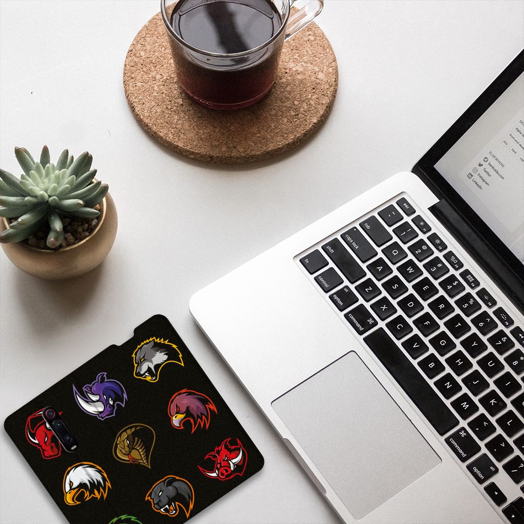 Xiaomi Mi 9T Pro Magnet Case Cartoon design on a desk with a laptop and coffee.