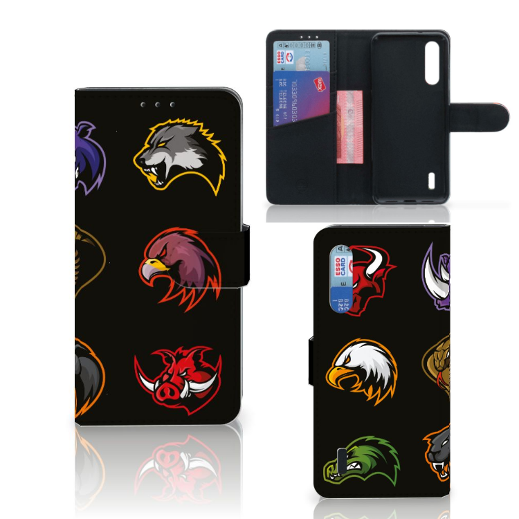 Xiaomi Mi 9 Lite Leuk Hoesje Cartoon met kleurrijke dierenlogo's op een zwart ontwerp.