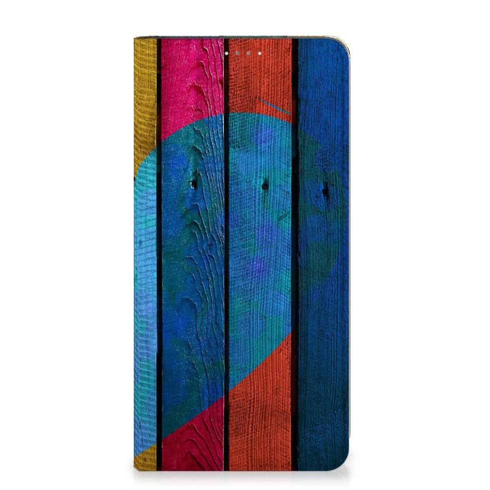 Samsung Galaxy A14 5G Book Wallet Case Wood Heart - Cadeau voor je Vriend met een kleurrijke houtprint.