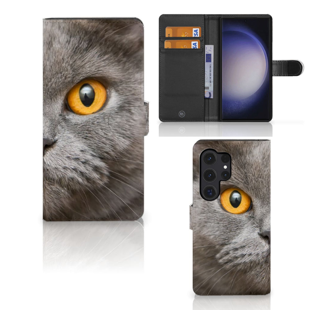 Telefoonhoesje met Pasjes Samsung Galaxy S24 Ultra Britse Korthaar met opvallende oogdetails.
