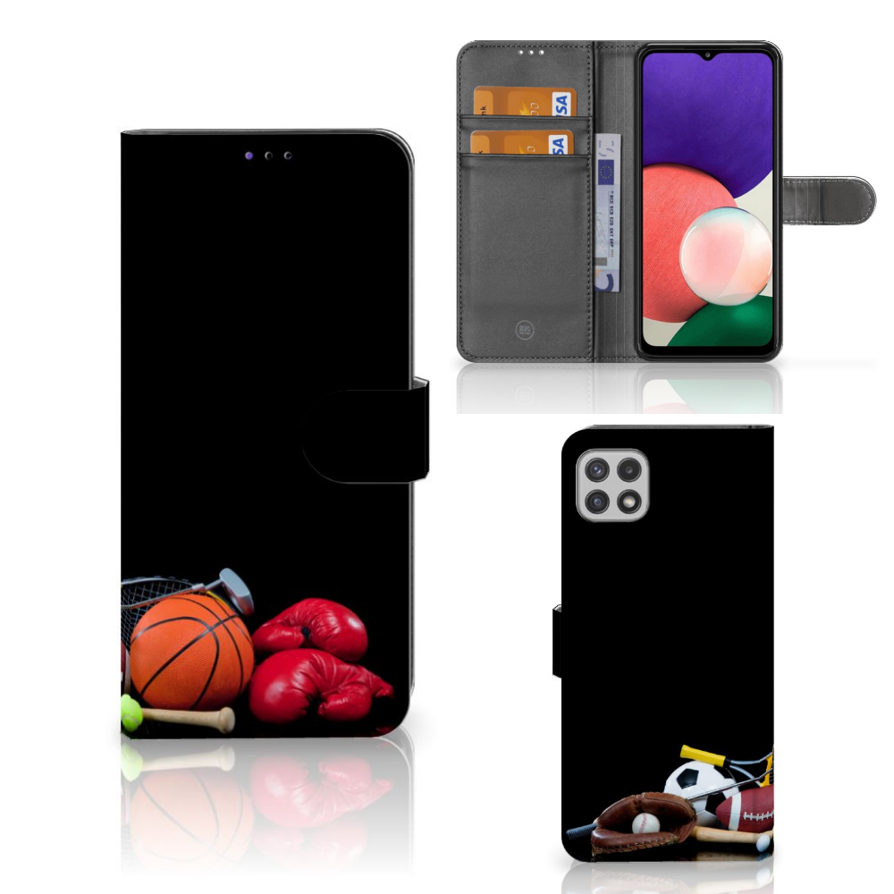 Samsung Galaxy A22 5G Wallet Case met Pasjes Sports met sportuitrusting en vakken voor pasjes en geld.