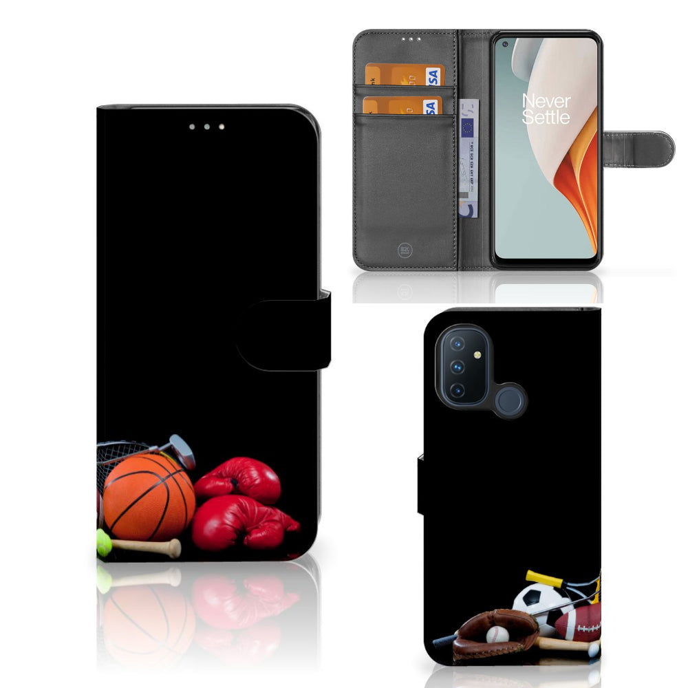 OnePlus Nord N100 Wallet Case met Pasjes Sports met afbeeldingen van verschillende sporten en pasjeshouders.