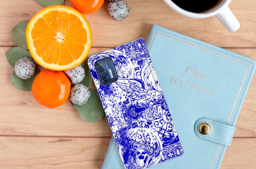 Mobiel BookCase Motorola Moto G9 Plus Angel Skull Blauw - B2C Telecom