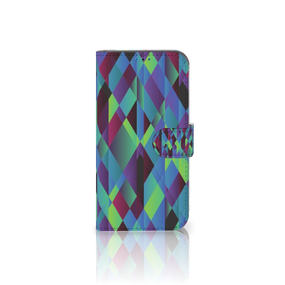 iPhone 14 Pro Book Case Abstract Green Blue met een kleurrijk ruitpatroon van groen, blauw en paars