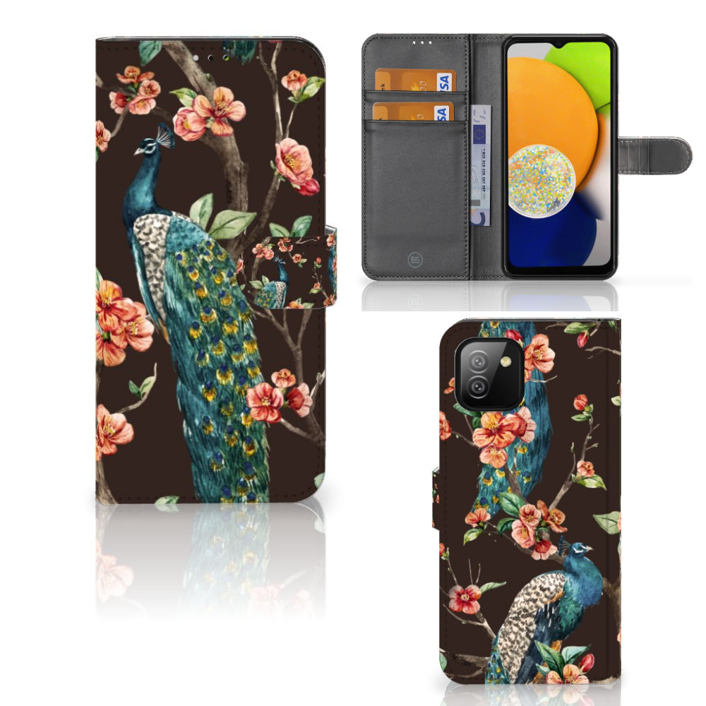 Samsung Galaxy A03 Telefoonhoesje met Pasjes Pauw met Bloemen