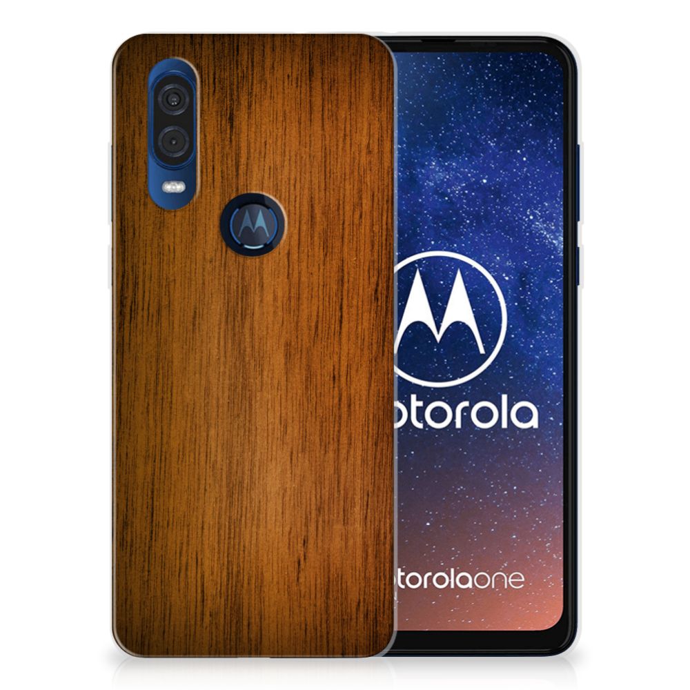 Motorola One Vision Bumper Hoesje Donker Hout