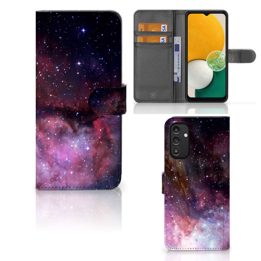 Book Case voor Samsung Galaxy A14 4G Galaxy met heelal design, slotlipje en ruimte voor pasjes.