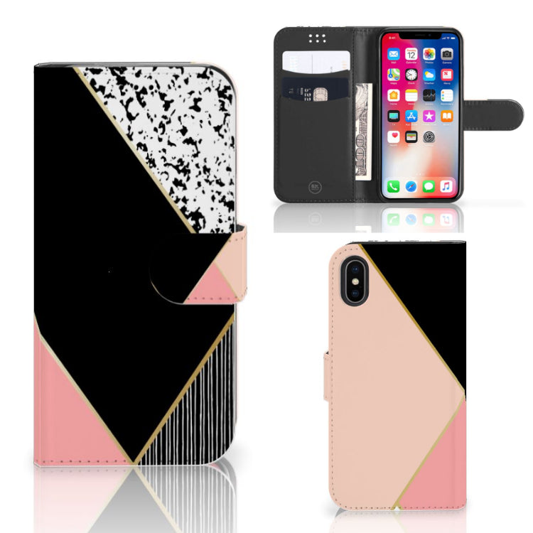 Apple iPhone X | Xs Book Case Zwart Roze Vormen