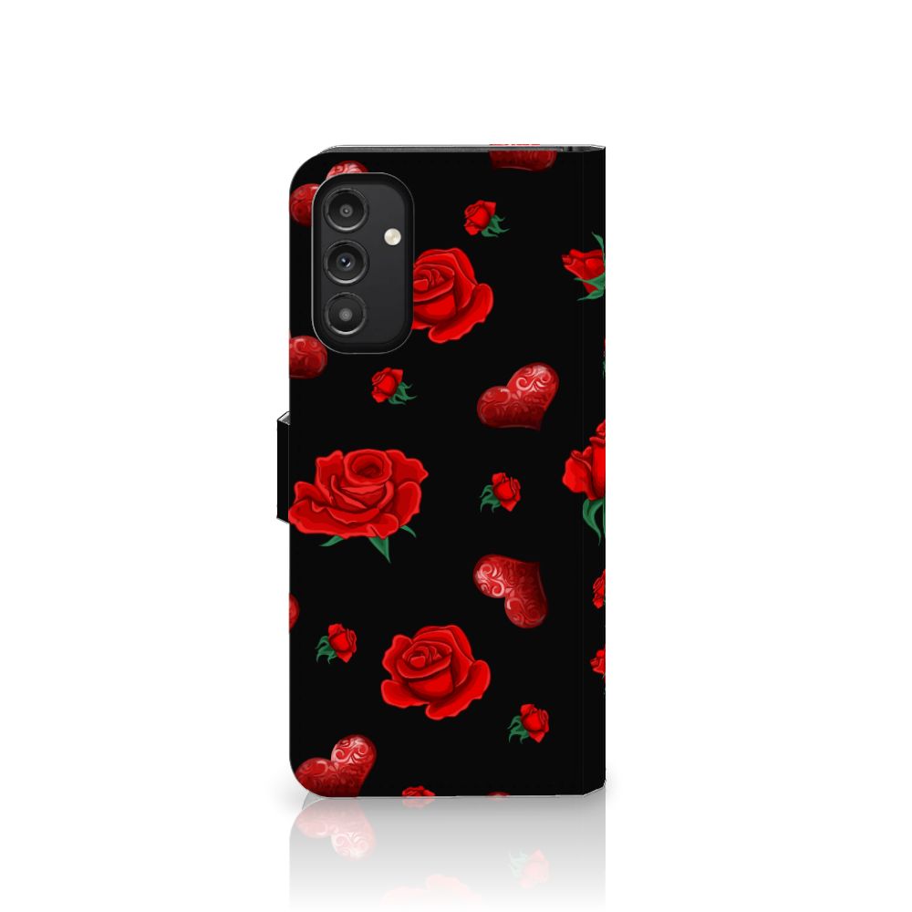 Samsung Galaxy A14 5G Leuk Hoesje Valentine met rozen en hartjes op zwarte achtergrond.