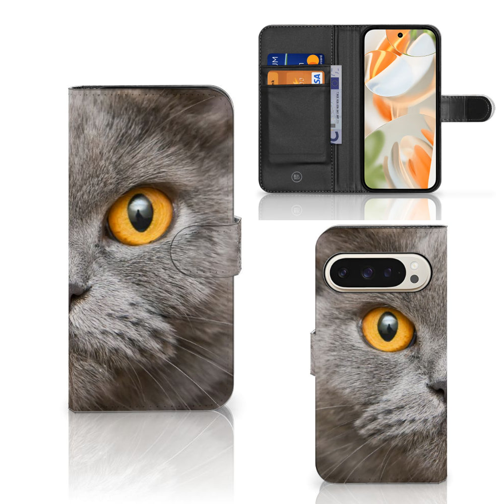Telefoonhoesje met Pasjes Google Pixel 9 | 9 Pro Britse Korthaar met impressieve kattenblik