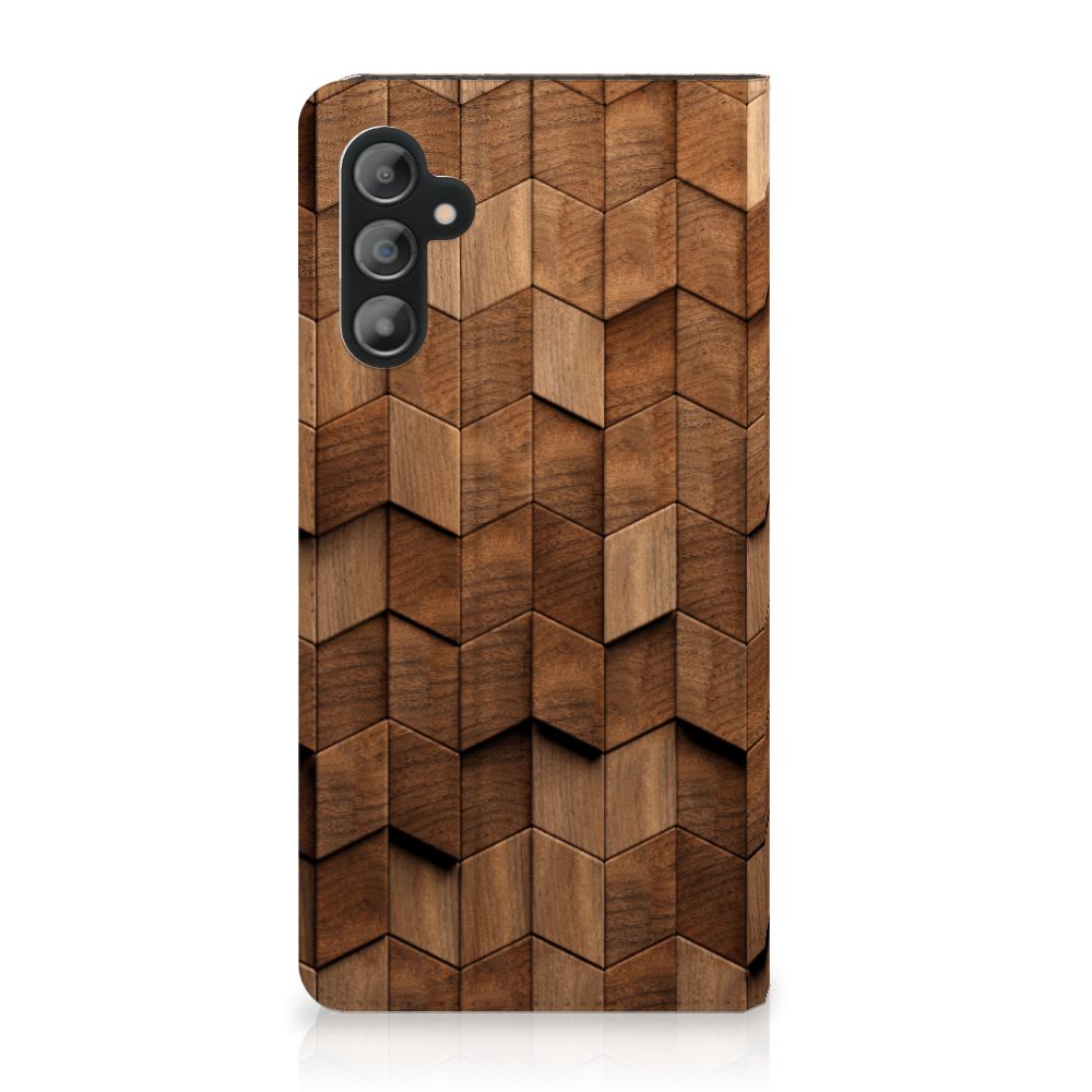 Book Wallet Case voor Samsung Galaxy A14 4G Wooden Cubes met uniek houten design