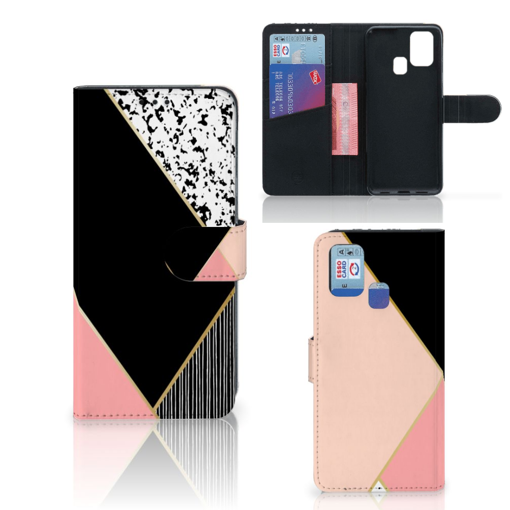 Samsung Galaxy M31 Book Case Zwart Roze Vormen