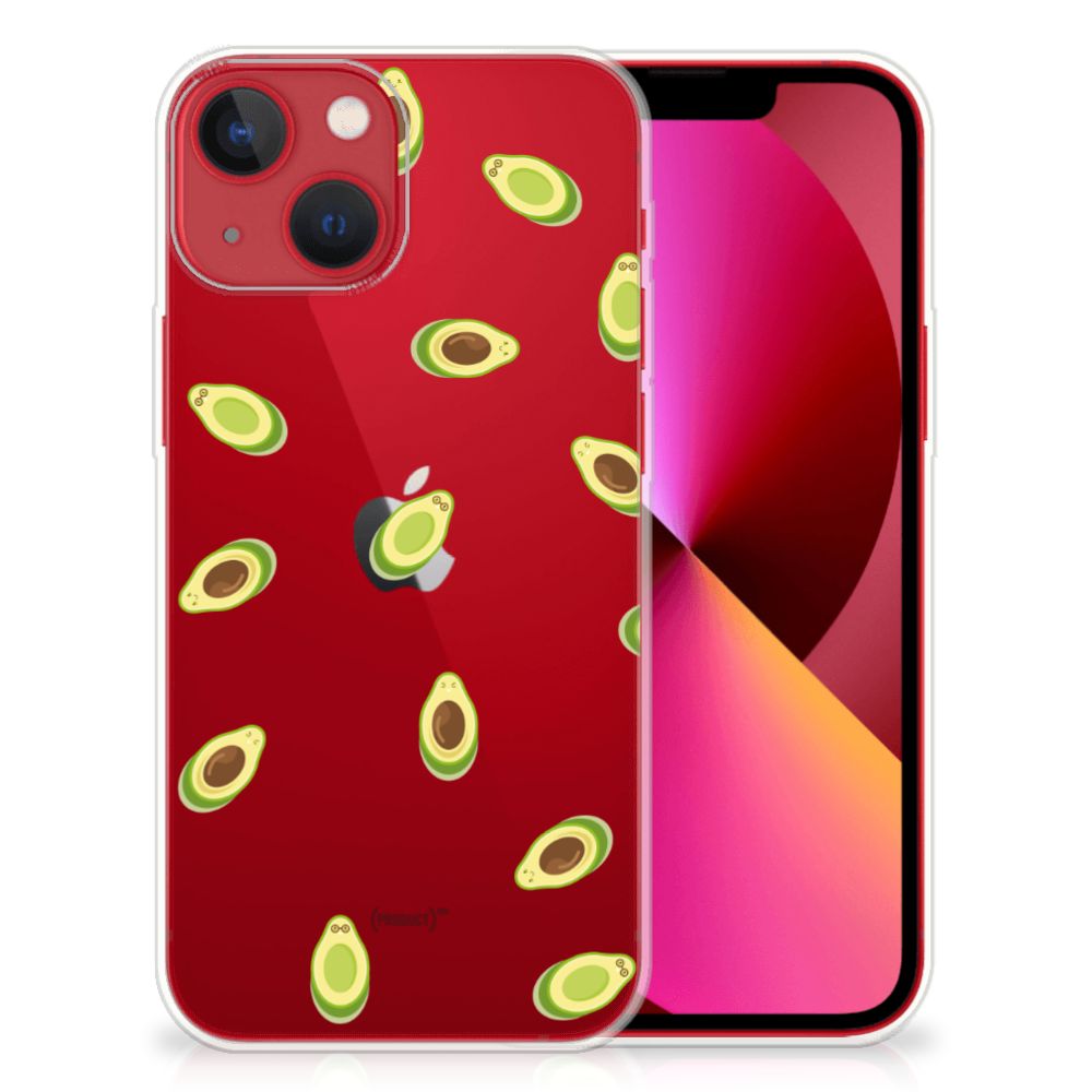 Apple iPhone 13 Siliconen Case Avocado met kleurrijke avocado-design op een transparante achtergrond.