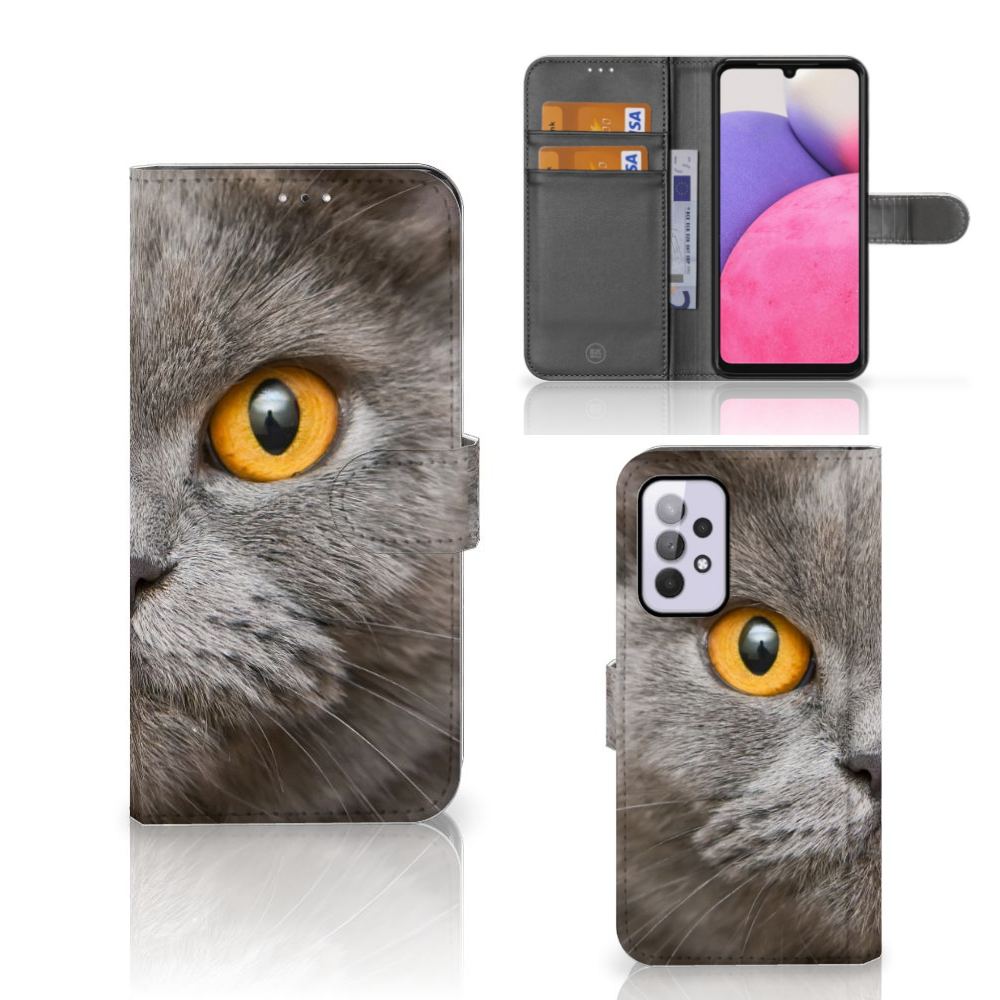 Telefoonhoesje met Pasjes Samsung Galaxy A33 5G Britse Korthaar met kat met gele ogen