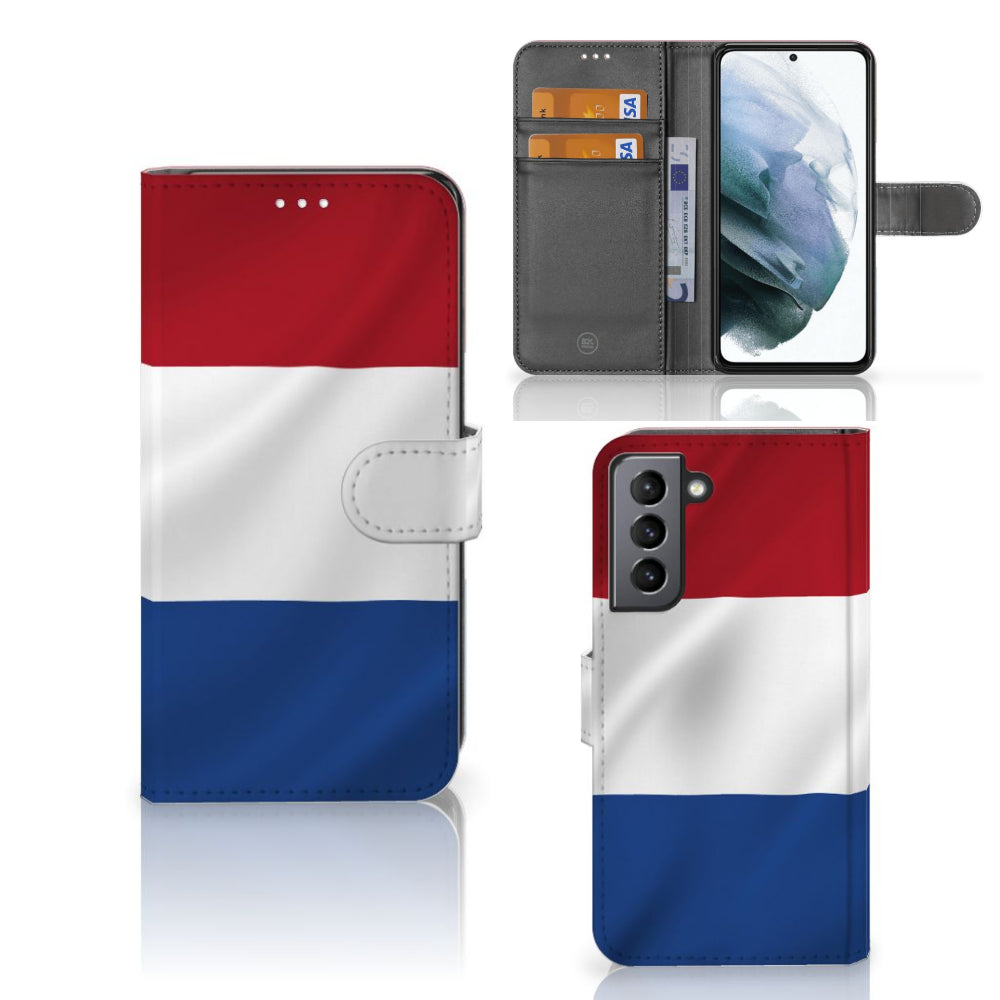 Samsung Galaxy S21 FE Bookstyle Case Nederlandse Vlag met artistiek design en ruimte voor pasjes.