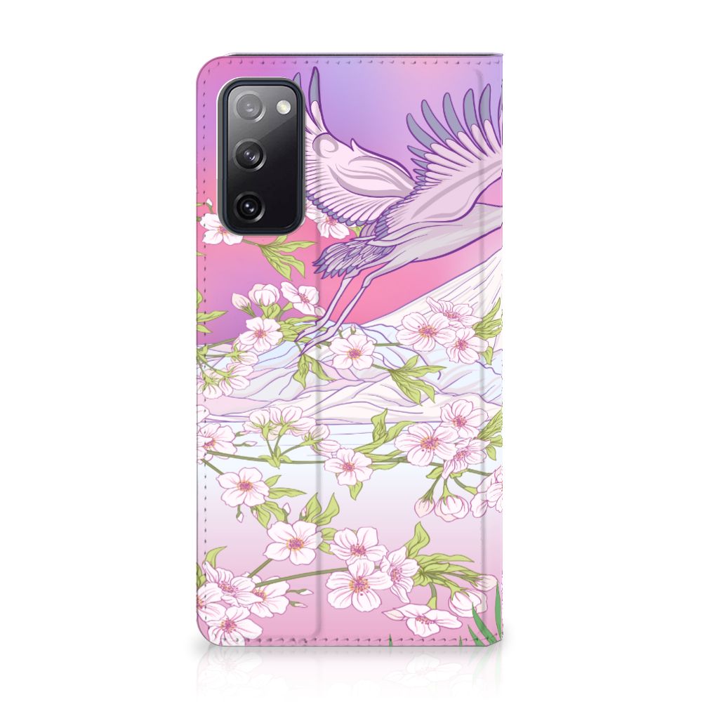 Samsung Galaxy S20 FE Hoesje maken Bird Flying design roze paarse kleuren zij aanzicht.