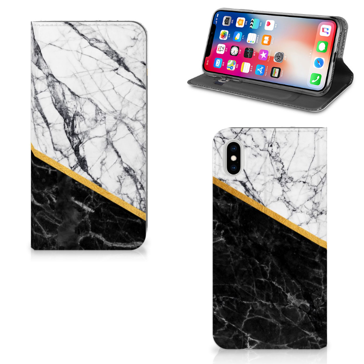 Apple iPhone Xs Max Standcase Marmer Wit Zwart - Origineel Cadeau Man