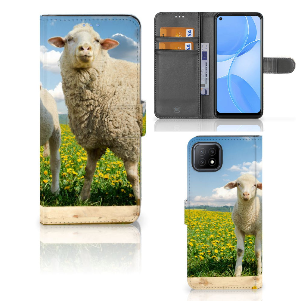 OPPO A73 5G Telefoonhoesje met Pasjes Schaap en Lammetje