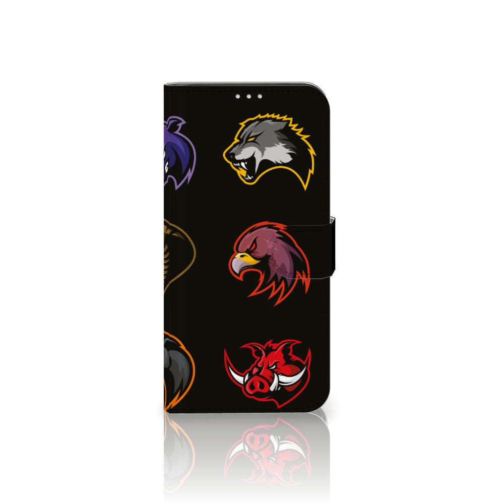 Motorola G8 Power Leuk Hoesje Cartoon met dierenlogo's in kleur op een zwarte achtergrond.