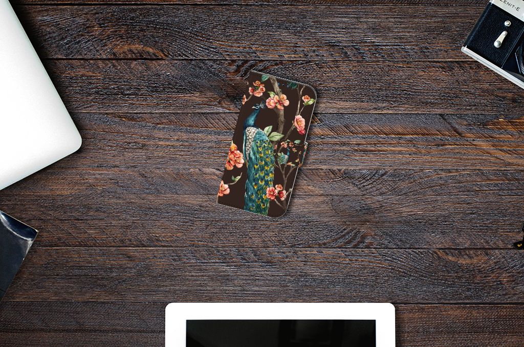 iPhone 14 Pro Telefoonhoesje met Pasjes Pauw met Bloemen