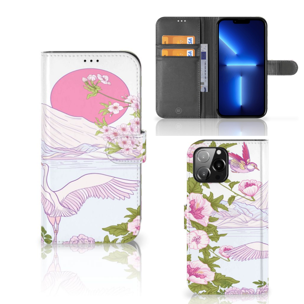 iPhone 13 Pro Max Telefoonhoesje met Pasjes Bird Standing met kleurrijke vogels en bloemen 🌸.