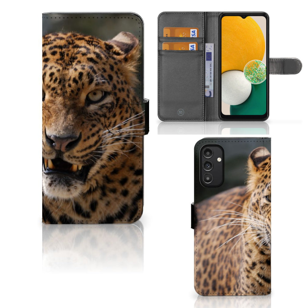 Samsung Galaxy A14 4G Telefoonhoesje met Pasjes Luipaard in stoer ontwerp met afbeelding van een luipaard.