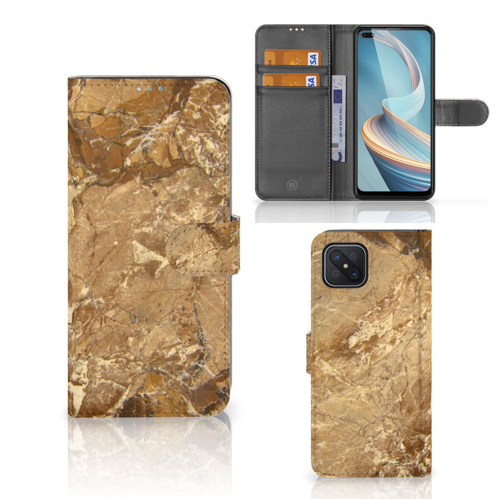 OPPO Reno4 Z Bookcase Marmer Creme met luxe marmerlook en pasjeshouder in kunstleer.