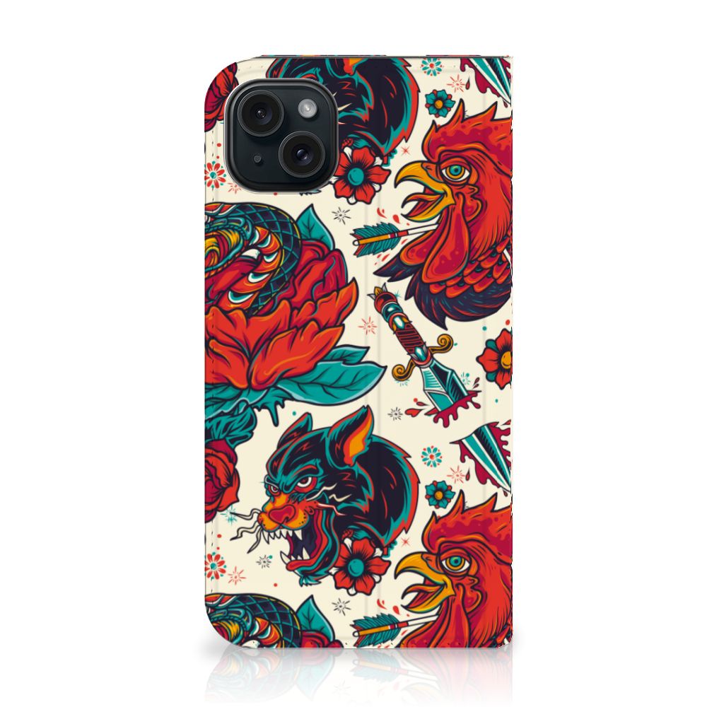 Stand Case voor iPhone 15 Plus Old Skool met tattoo-stijl design met rozen en dieren.