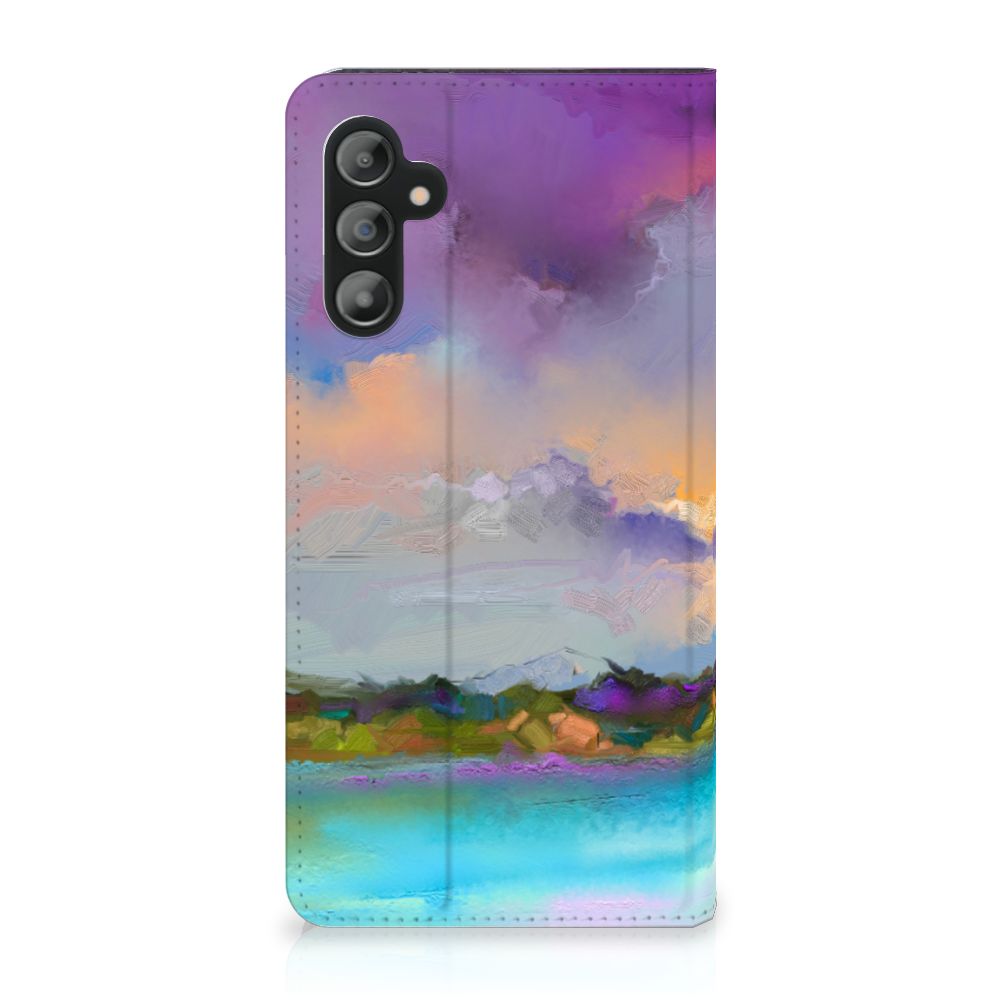 Bookcase Samsung Galaxy A14 5G Boat met abstract ontwerp van een bootje op een blauw-paarse achtergrond.