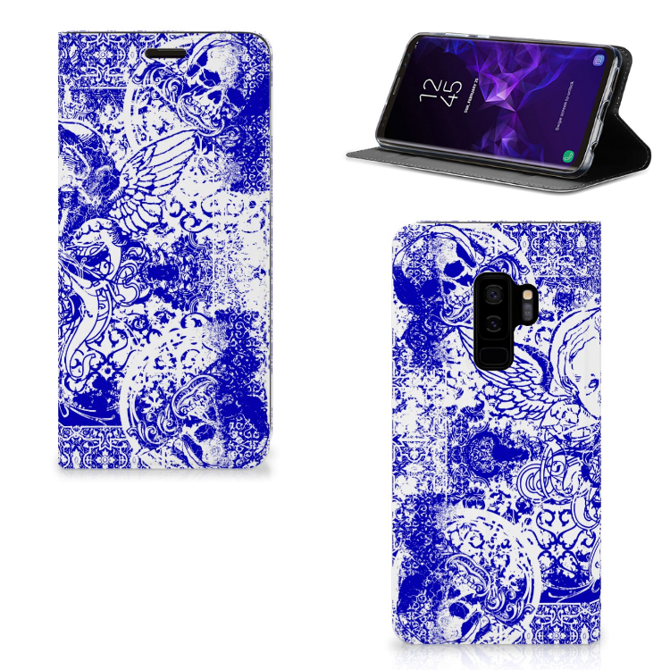 Mobiel BookCase Samsung Galaxy S9 Plus Angel Skull Blauw