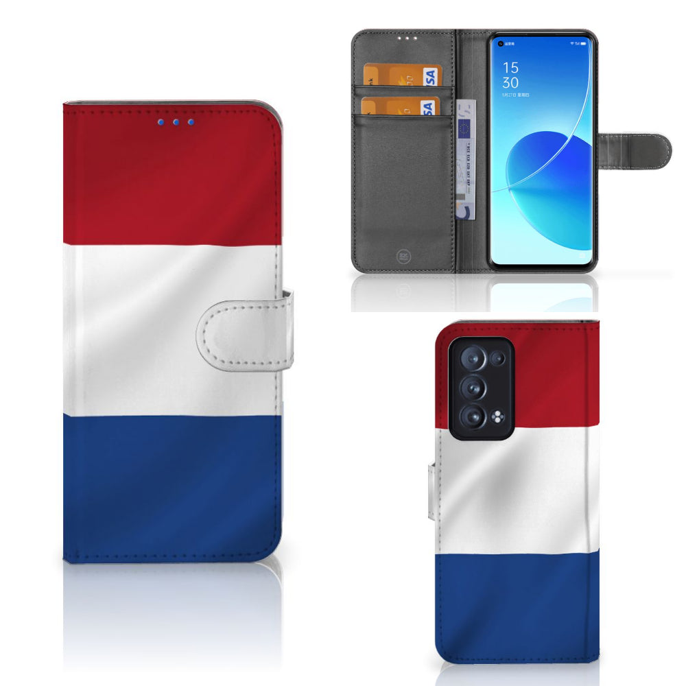 OPPO Reno 6 Pro Plus 5G Bookstyle Case Nederlandse Vlag met pasjes en artistiek design in rood, wit, blauw.
