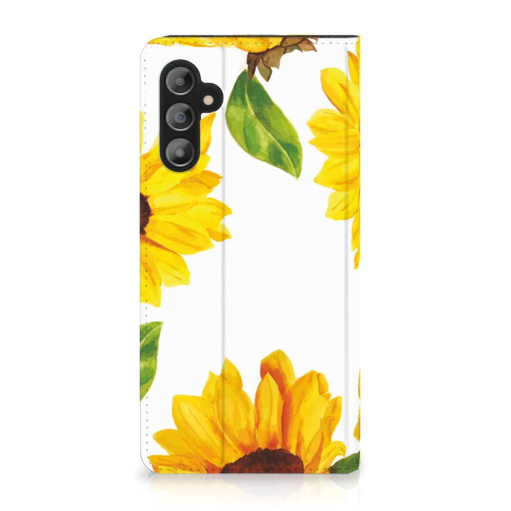 Smart Cover voor Samsung Galaxy A14 4G Zonnebloemen met vrolijke zonnebloemen op de voorkant.