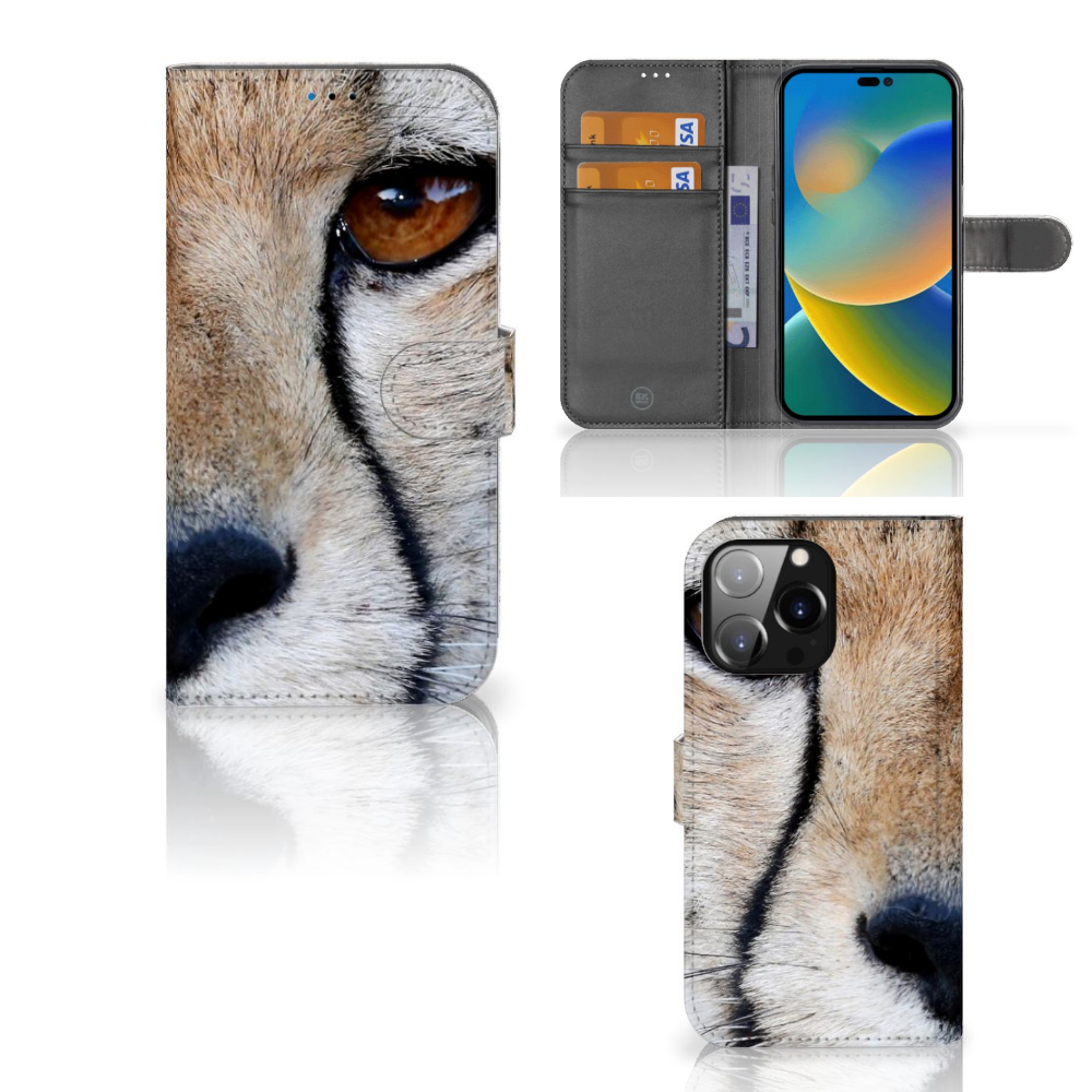 iPhone 14 Pro Max Telefoonhoesje met Pasjes Cheetah met cheetah close-up en ruimte voor pasjes