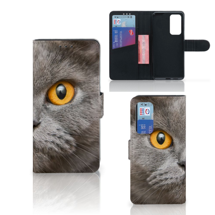 Telefoonhoesje met Pasjes Huawei P40 Britse Korthaar met afbeelding van een grijze kat en zijn gele ogen.