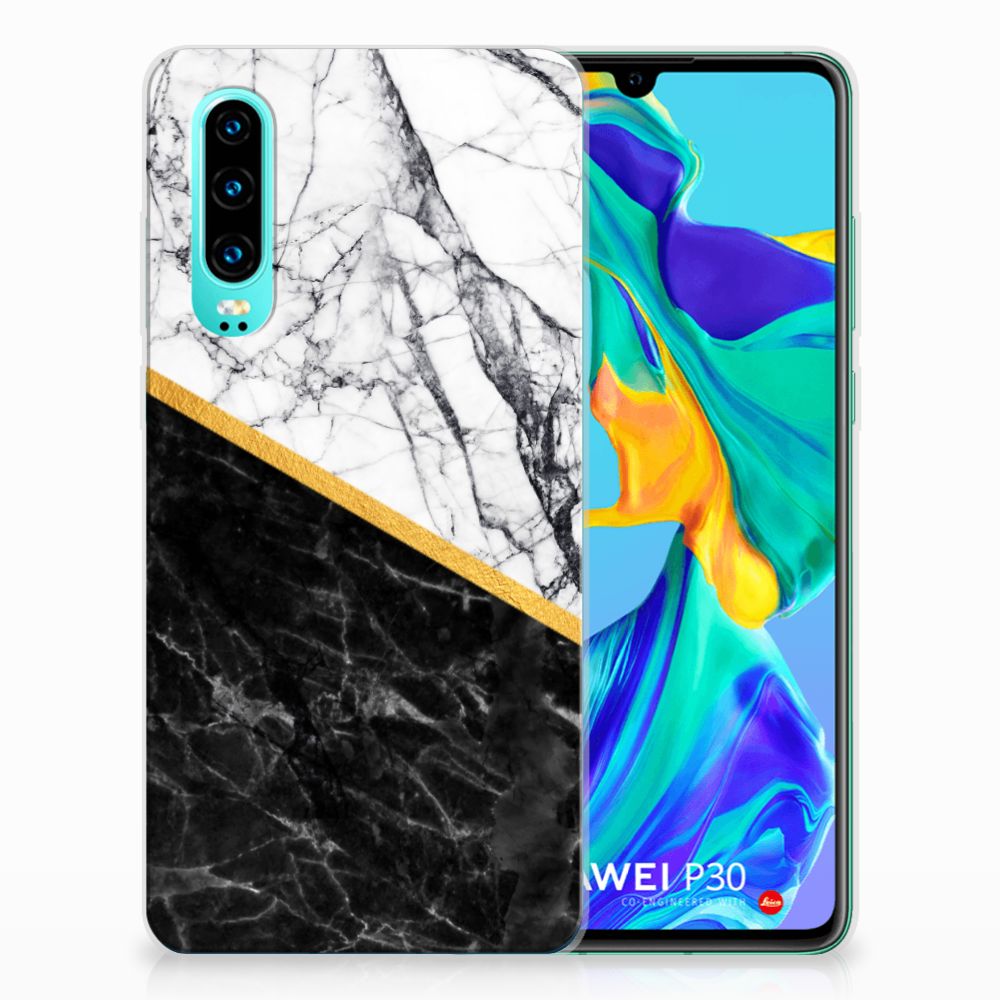 Huawei P30 TPU Siliconen Hoesje Marmer Wit Zwart - Origineel Cadeau Man