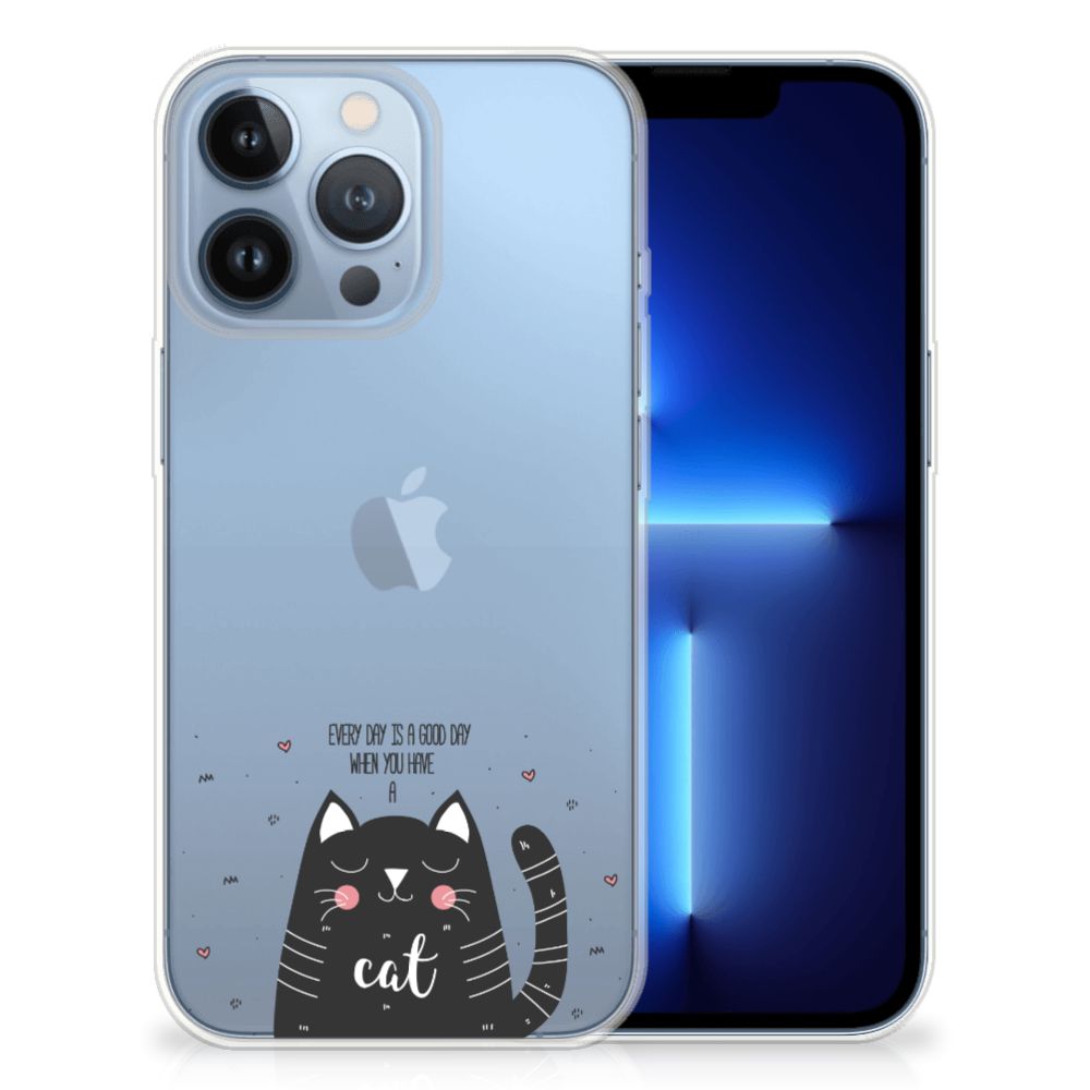 Apple iPhone 13 Pro Telefoonhoesje met Naam Cat Good Day met een zwart-witte kat 🐱 op een blauwe achtergrond.