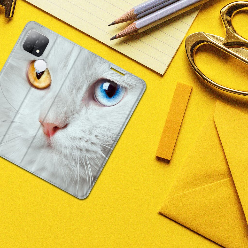 OPPO A15 Hoesje maken Witte Kat - B2C Telecom