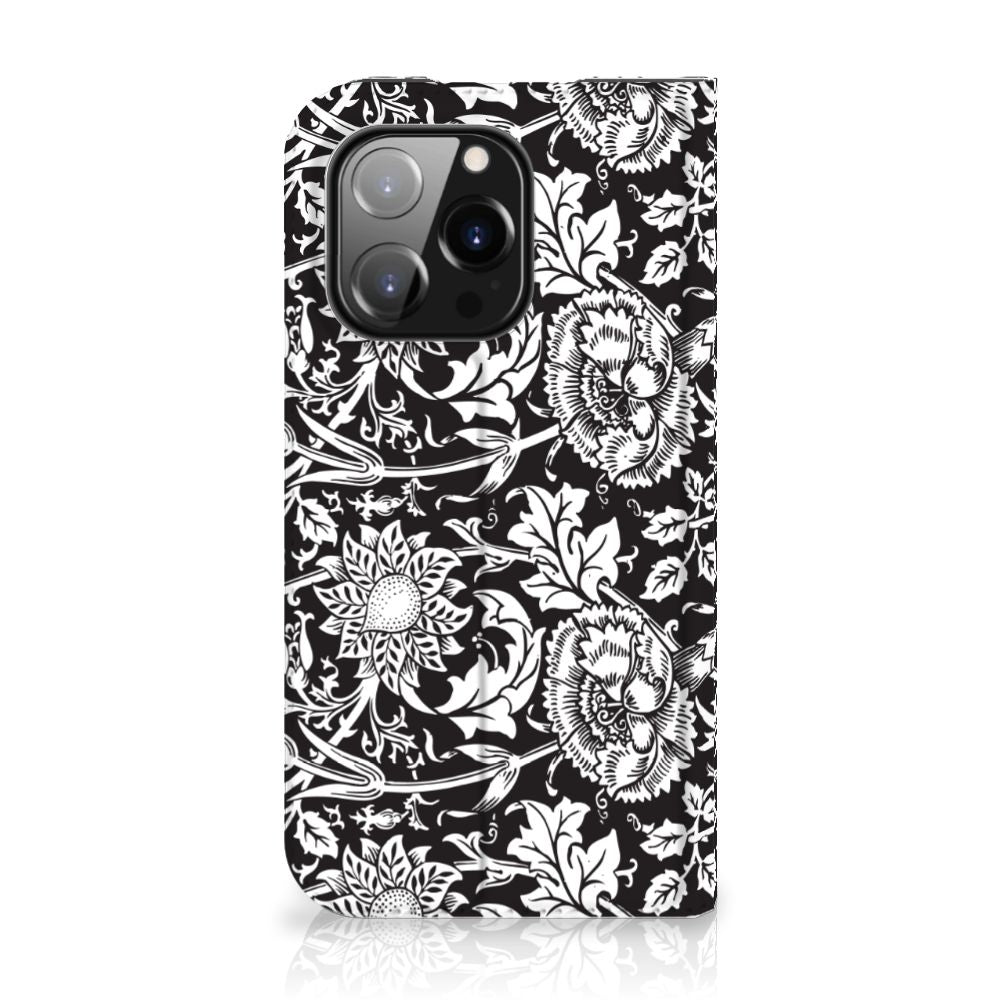 iPhone 14 Pro Smart Cover Black Flowers met mooie abstracte bloemen op zwarte achtergrond 🌸.