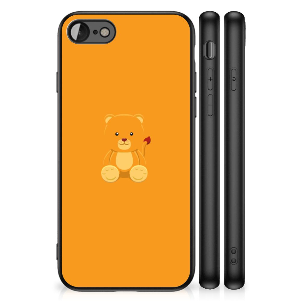 iPhone SE 2022 | SE 2020 | 7/8 Hoesje Baby Beer met schattige beer op oranje achtergrond en slanke zwarte rand.