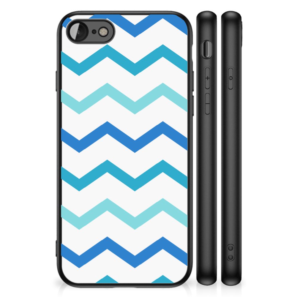 iPhone SE 2022 | SE 2020 | 7/8 Back Case Zigzag Blauw met blauw zigzagpatroon op witte achtergrond.